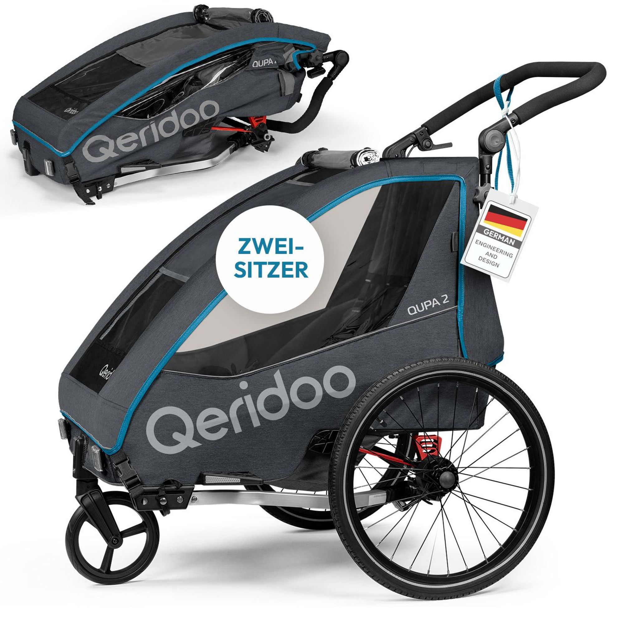 Qeridoo QUPA 2 - Kinderfahrradanhänger für 2 Kinder, Farbe: Blue