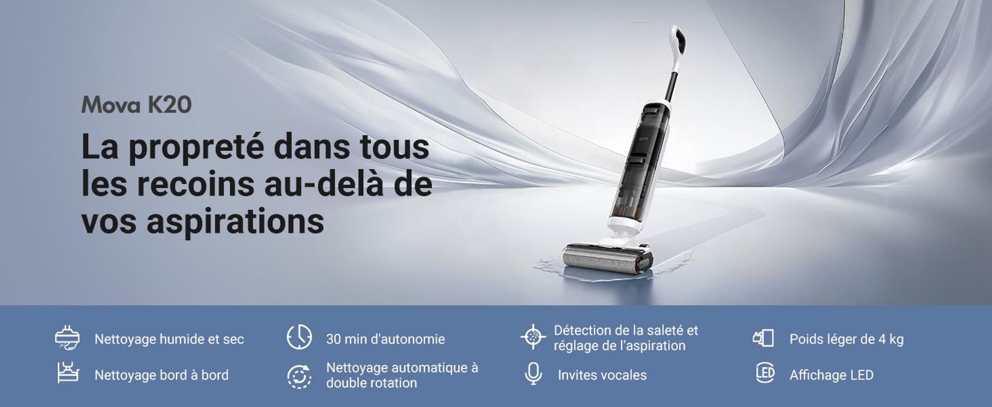 MOVA K20 Aspirateur Laveur Sec Et Humide, Poids Léger de 4 kg, Nettoyage Auto Double Rotation, Nettoyage des Deux Bords, Autonettoyage Automatique