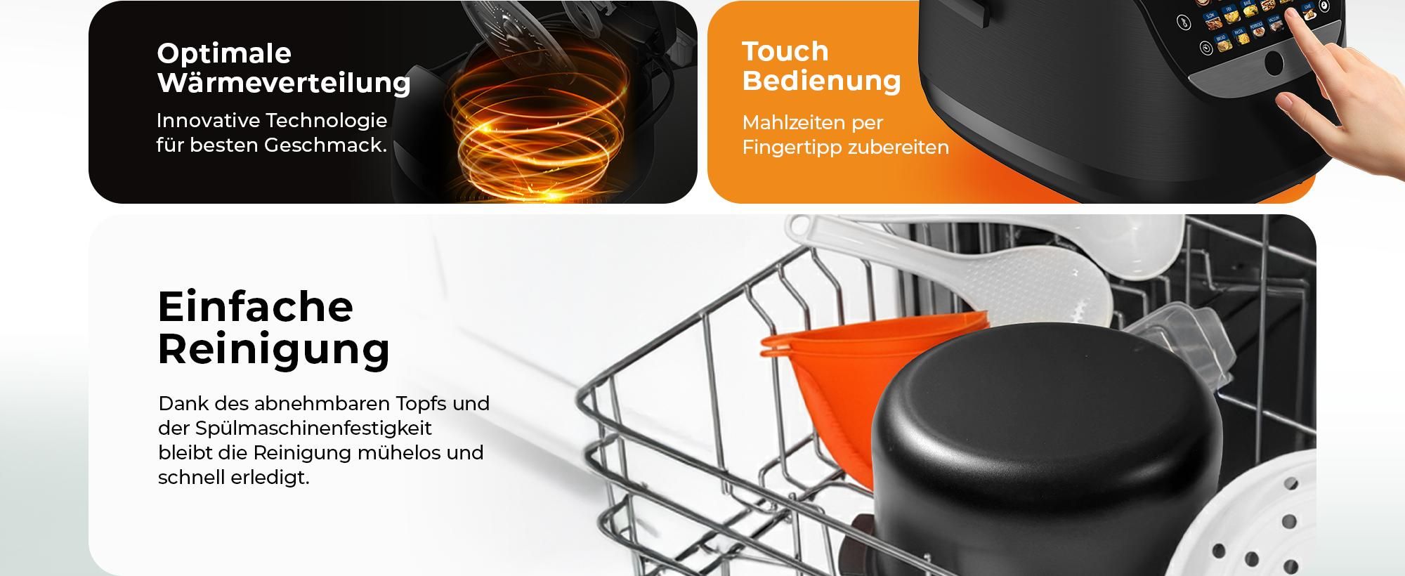 Balter Reiskocher, Multikocher 4L mit 18 Programmen & Warmhaltefunktion, Dampfgarer, Touch-Bedienfeld, Fuzzy-Logic, Premium-Topf, Klein, Schwarz