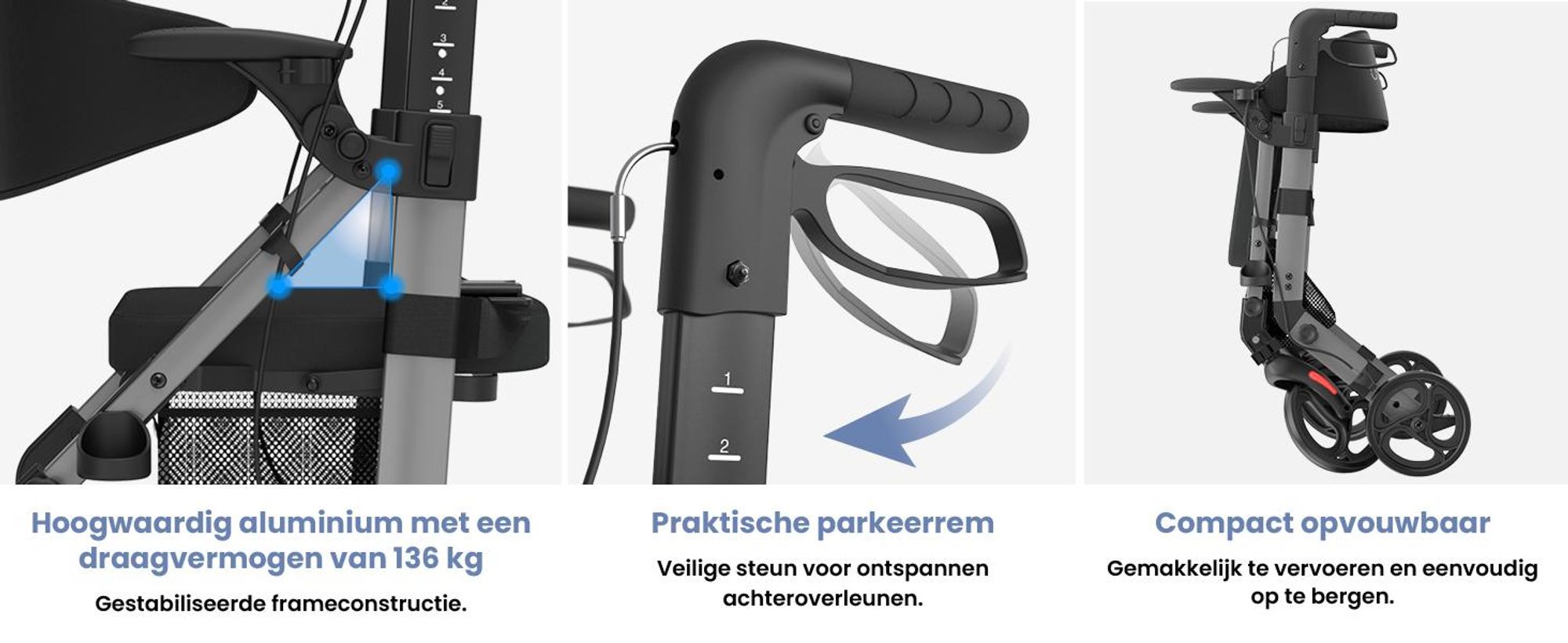 ELONEO 2-in-1 rolstoel/rolator, opvouwbaar en lichtgewicht met zitplaats, outdoor rolstoel/rolator, opvouwbaar, aluminium loophulpmiddel voor senioren - Grijs