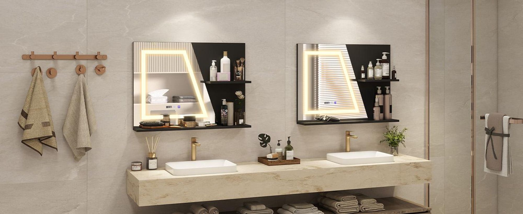 Puluomis Badspiegel 80x60, LED Badezimmerspiegel mit Doppelregal, 3 Farbtemperaturen dimmbar, Antibeschlag, Zeit und Temperaturanzeige beschlagfrei