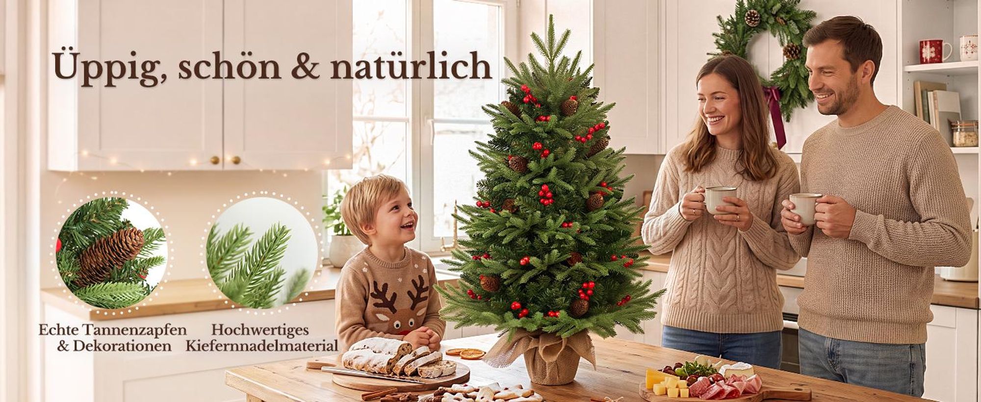HOKEEPER Künstlicher Weihnachtsbaum 90 cm mit LED, Zapfen & Beeren