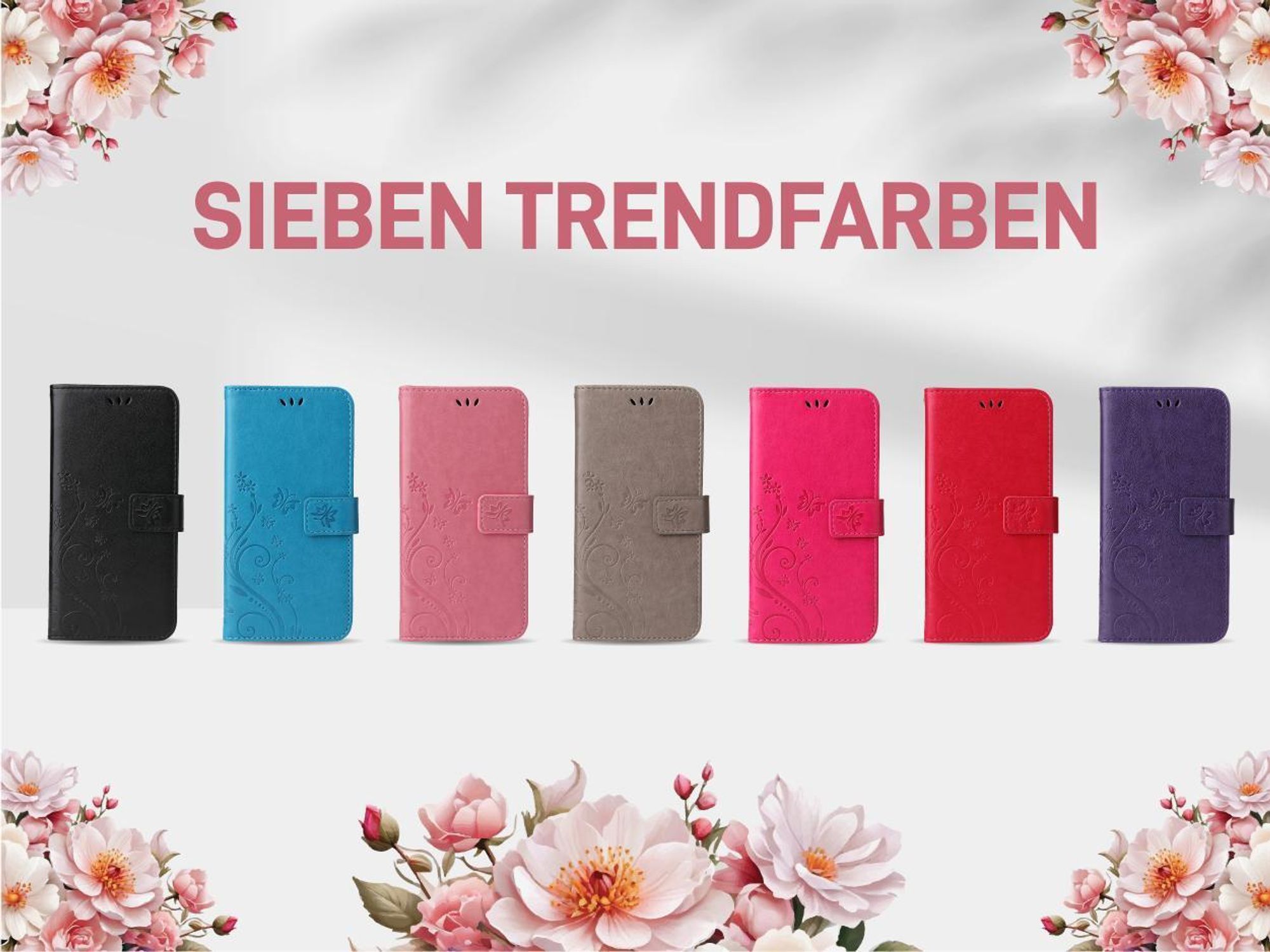 Handyhülle für Apple iPhone 16 Pro Max Floral Blumen Schmetterling Flip Cover Hülle Case Klapphülle Handytasche Farbe: Violett