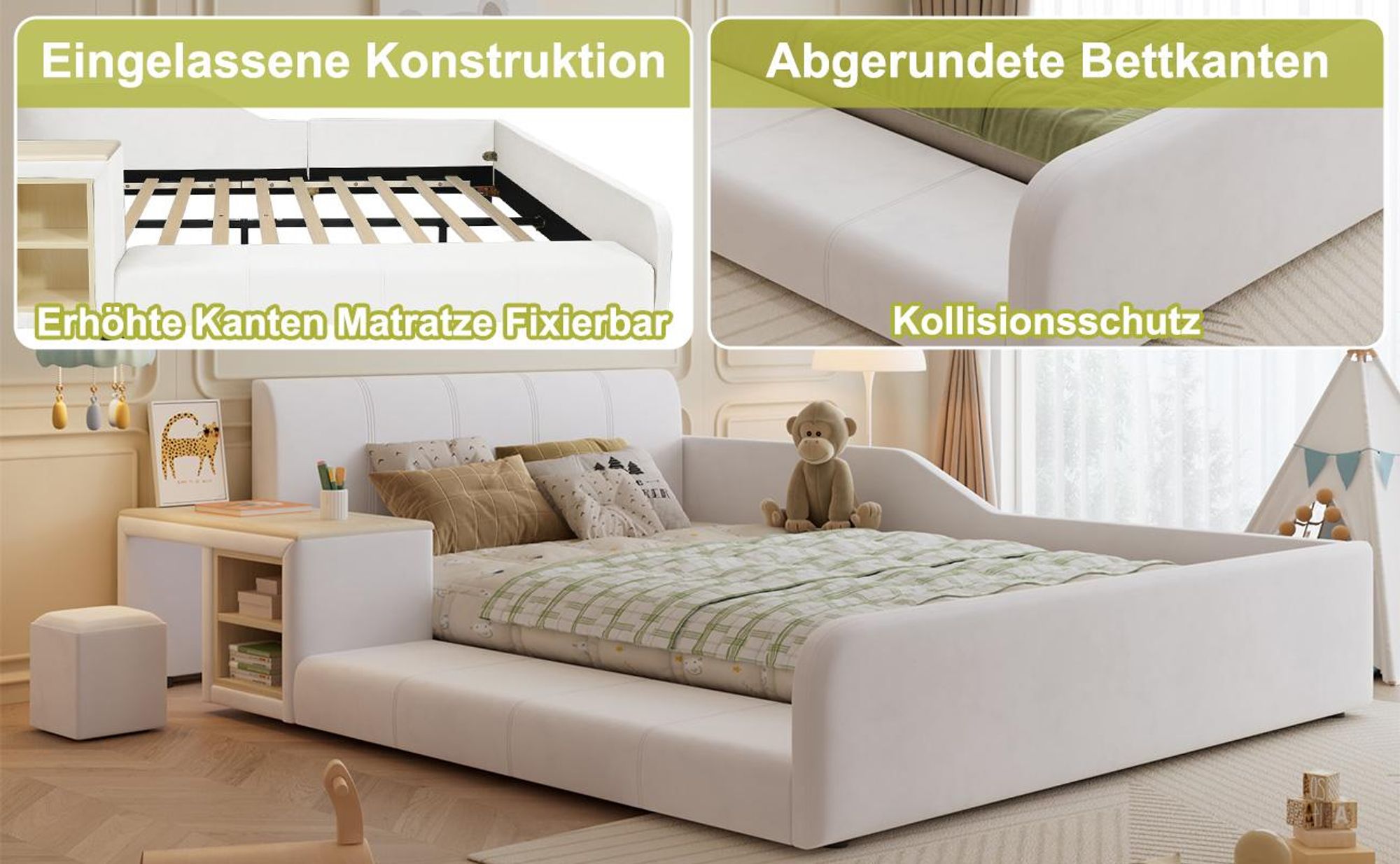 MODFU Kinder-Polsterbett 140x200 Doppelbett mit Lernschreibtisch,Jugendbett mit Hocker und Ablageboden,Kinderbett Bettgestell mit Holzlattenrost und weichem Kopfteil,ohne Matratze,Weiß