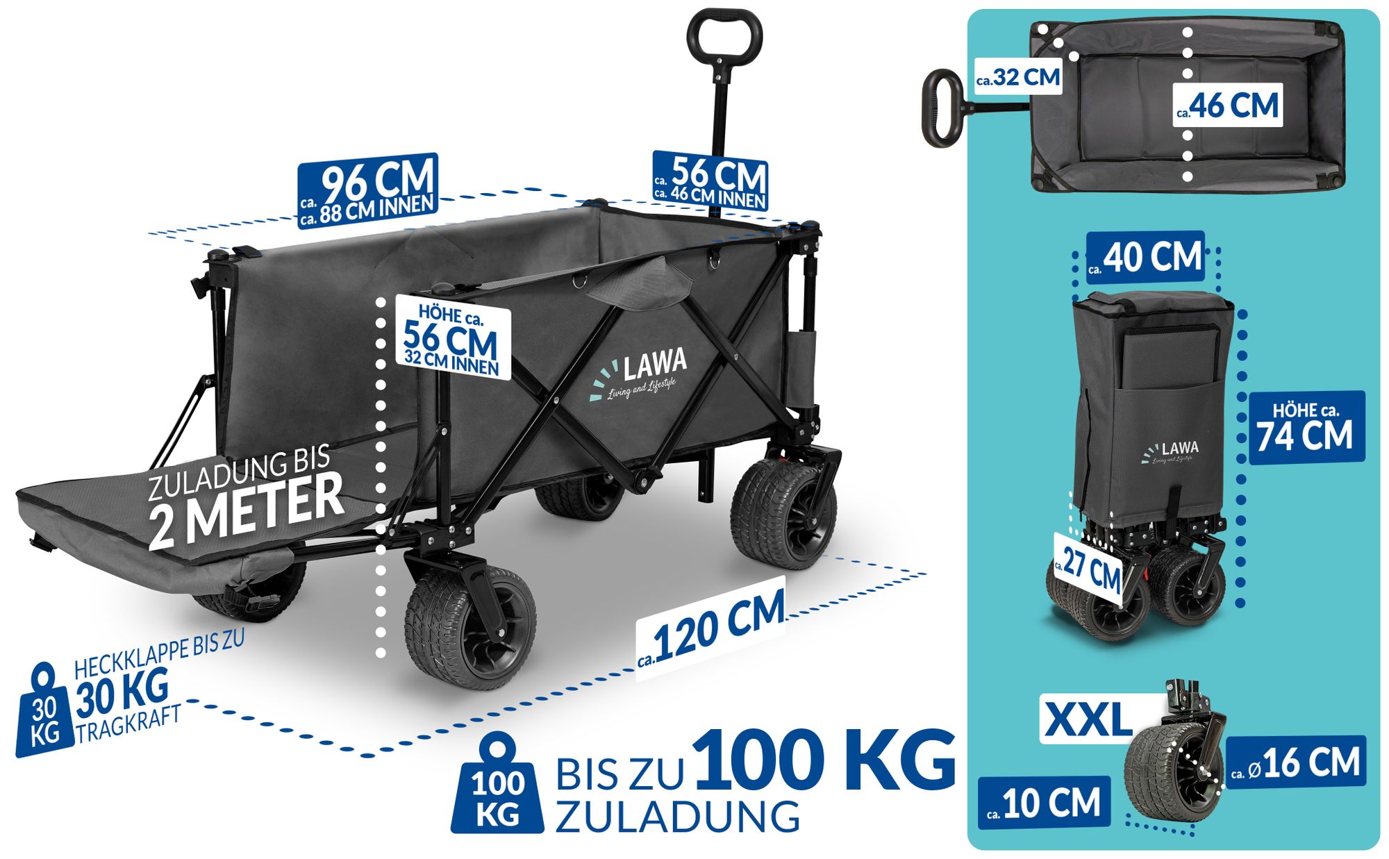 Bild aller Maße eines grauen, faltbaren Bollerwagens mit Heckklappe.