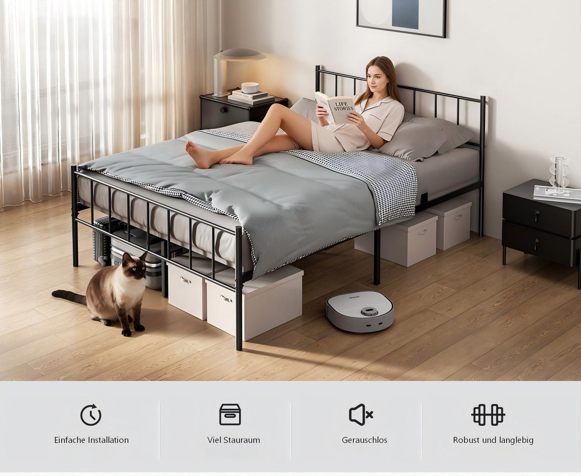 Bett 140 x 200 cm, Bettgestell Metall mit Kopfteil, Bettrahmen 36 cm Höhe mit 32 cm Stauraum, 14 Metalllatten, Geräuschlos, Schwarz