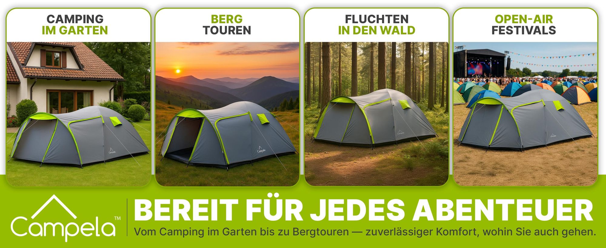 Campela Tropical 4 Familienzelt – 4-Personen-Kuppelzelt mit Vorraum – wasserdicht 3000 mm – leicht & kompakt für Camping