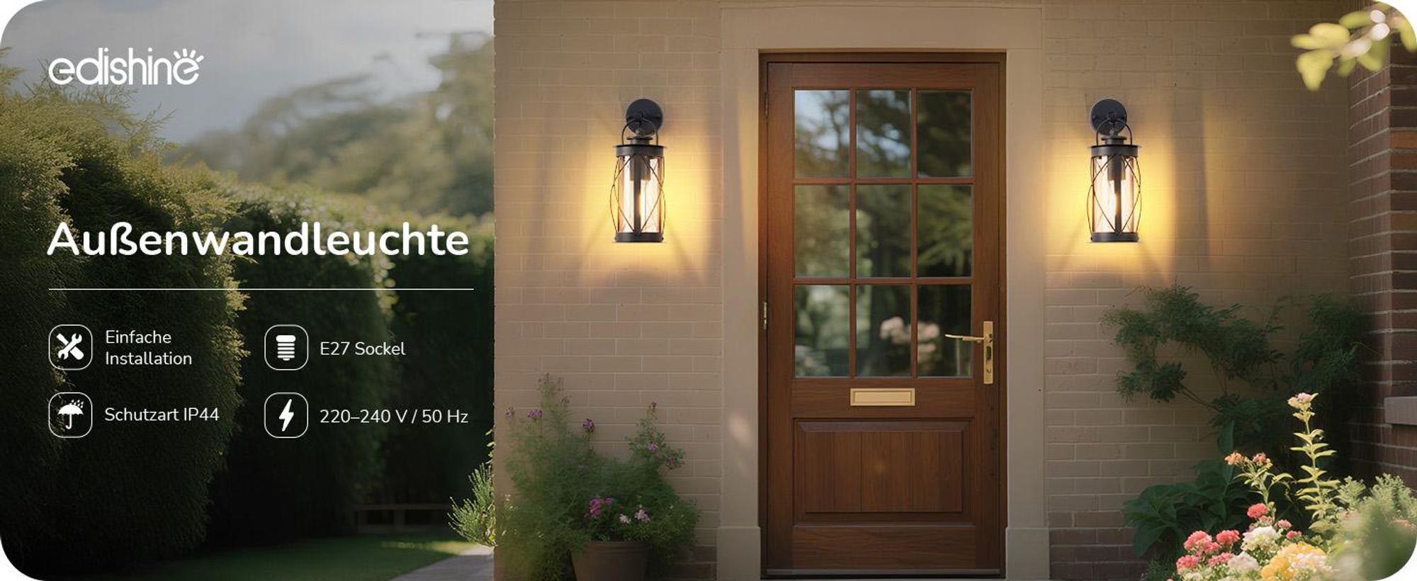 EDISHINE Wandlampe Außen/Innen, Wandleuchte mit Aluminiumrahmen und E27-Fassung, IP44 wasserdicht, Anthrazit