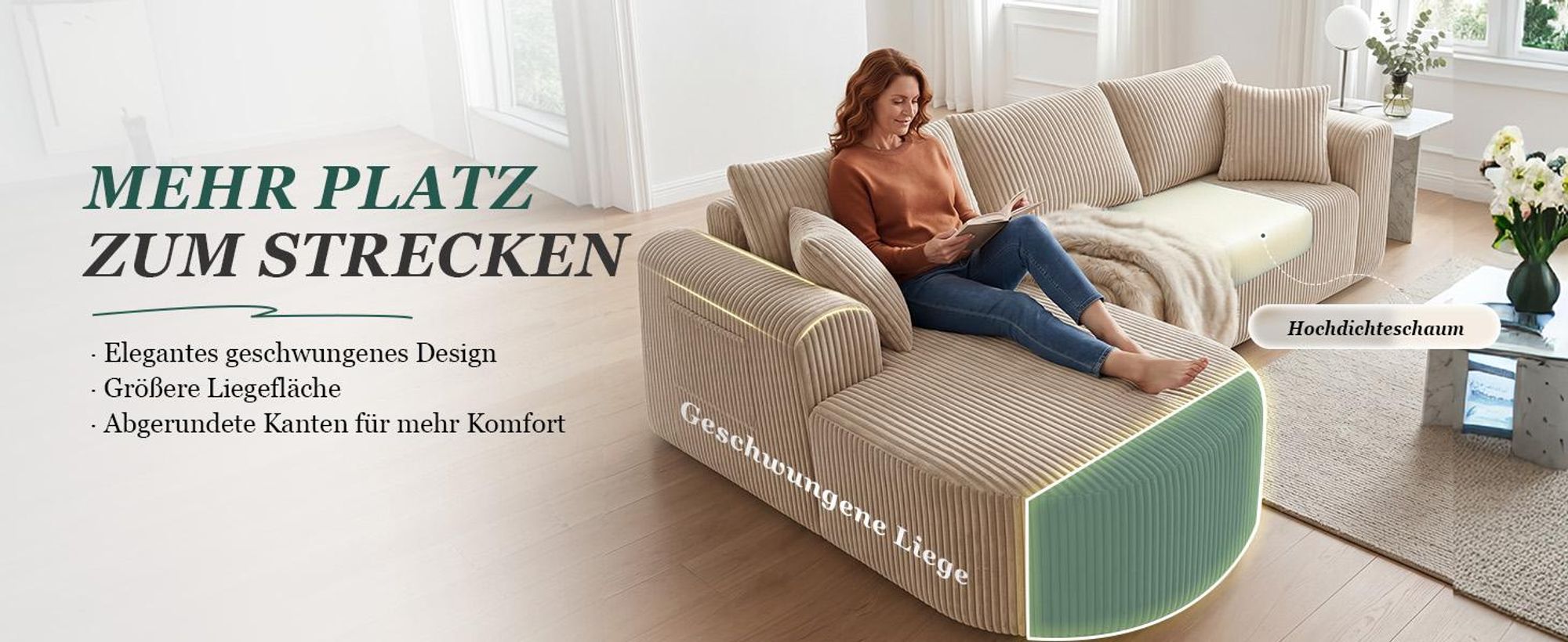 COMHOMA Ecksofa mit Schlaffunktion, 263cm Corduroy Modulares Boneless Couch mit Chaiselongue, L-Form Schlafsofa, Sektionssofas mit Kissen & Seitentasc
