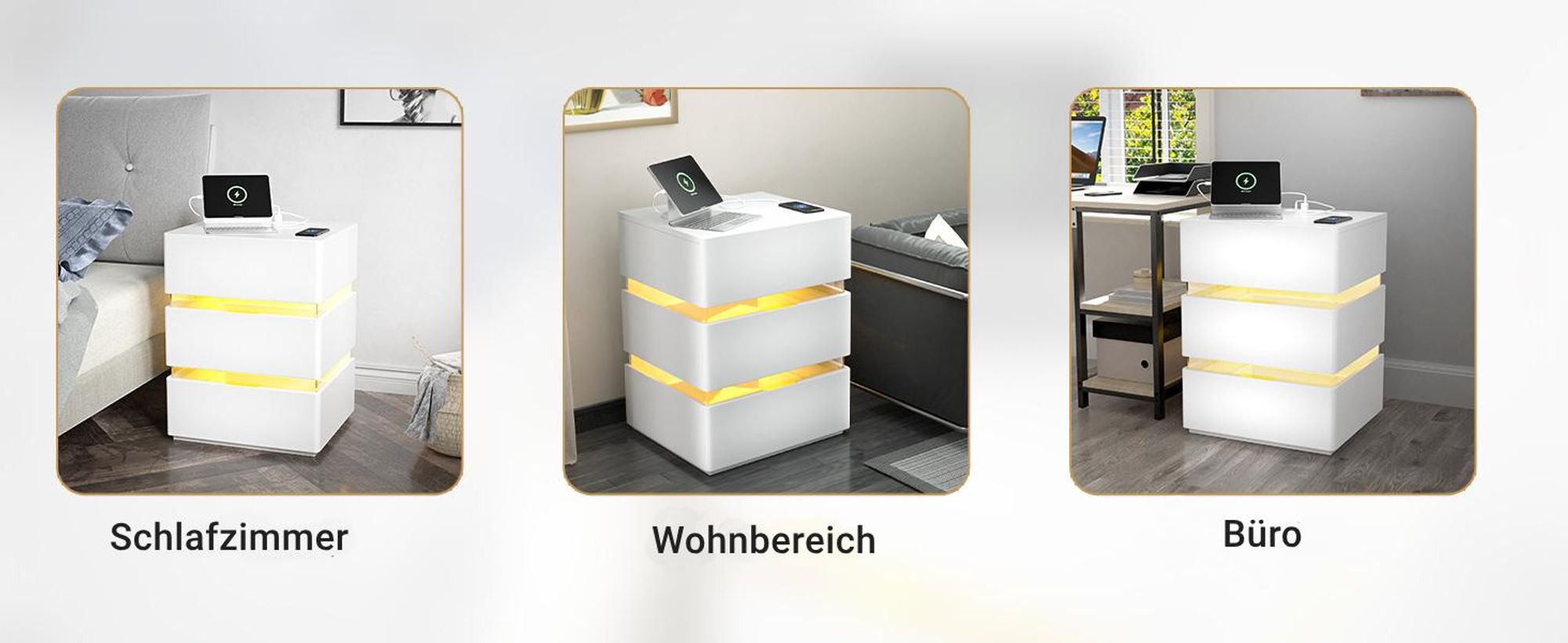FCH 2er Set Nachtschrank mit LED-Beleuchtung, 3 Schubladen, 2 AC-Steckdosen, 2 USB-Anschlüsse, Nachtkommode, Nachttisch, Weiß