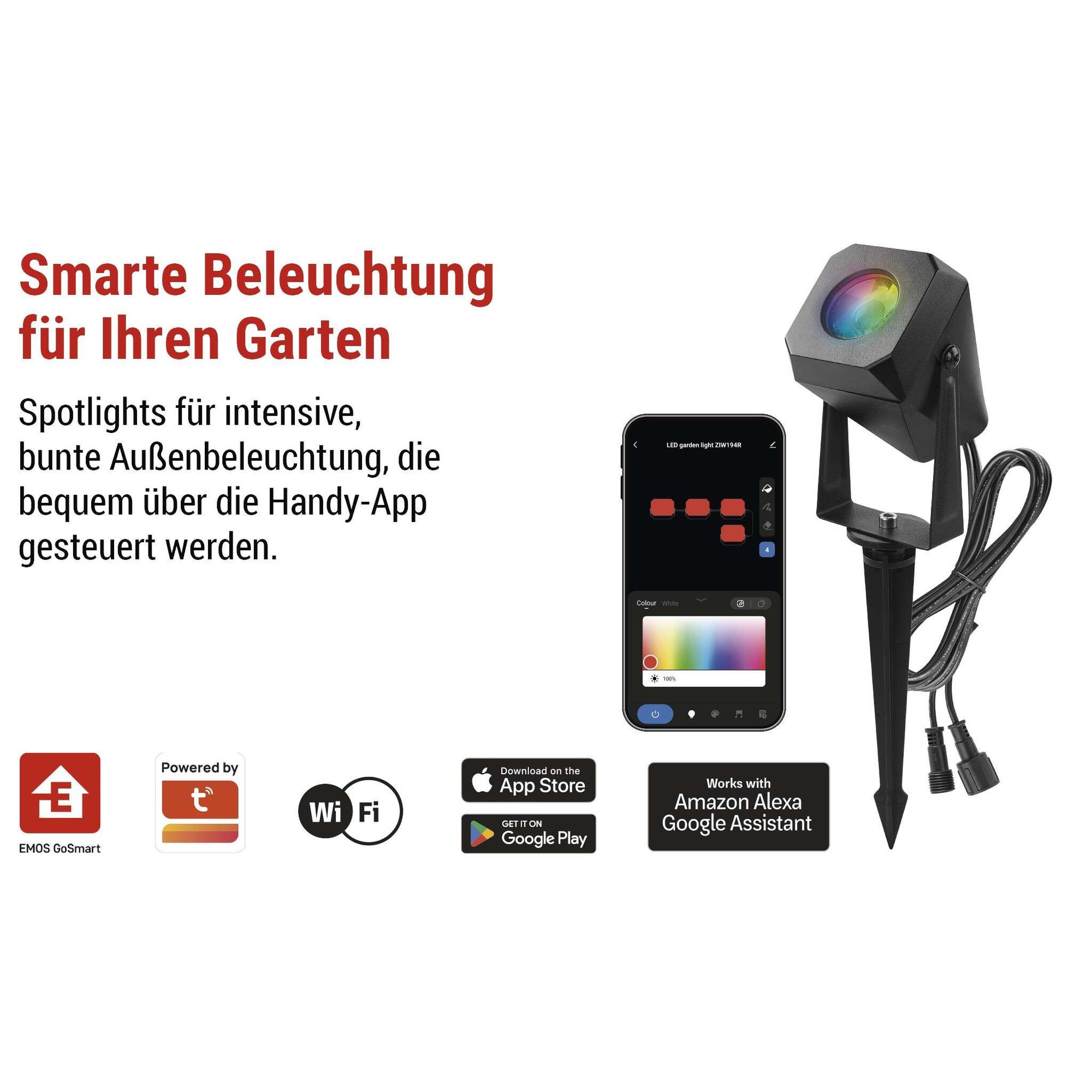 EMOS Smart Gartenbeleuchtung mit Erdspieß, Erweiterungsteil 1 Stk, WiFi, RGBIC+CCT-Farbspektrum, dimmbar, App, Sprachassistenten, wasserdicht, ZIW191R