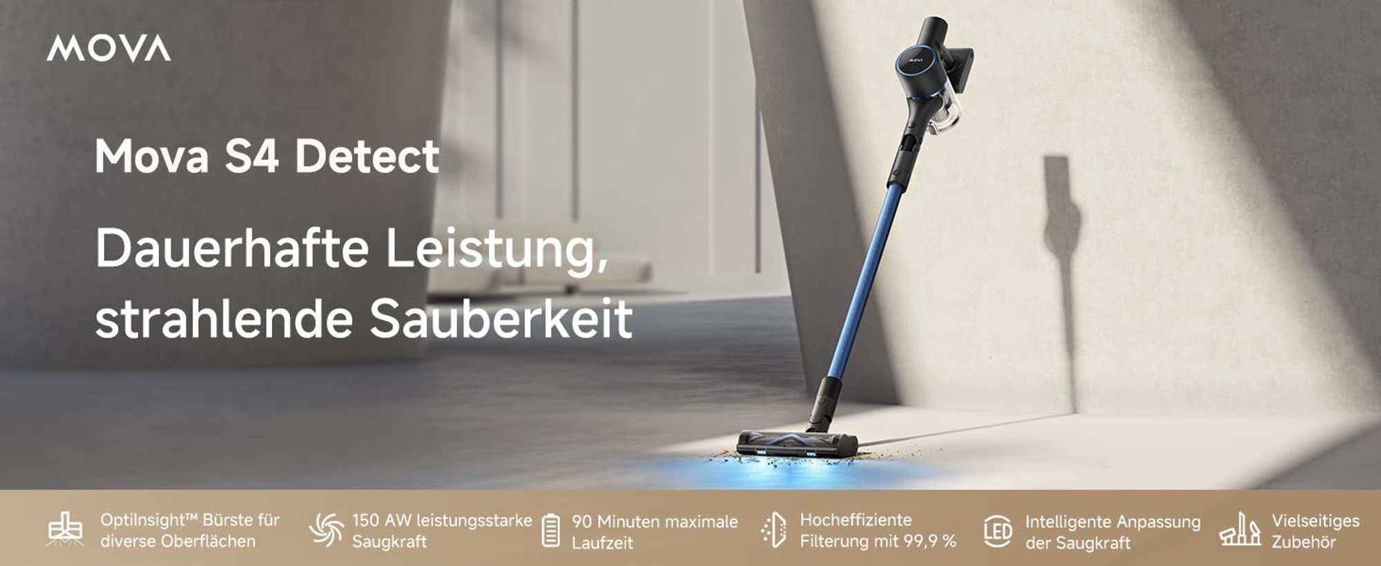 MOVA S4 Detect Handstaubsauger Kabellos, Bis zu 91 Min Laufzeit, LED-Display, OptiInsight Multibodenbürste, Anti-Verhedderung