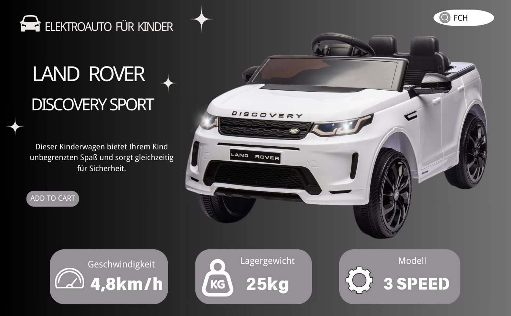12V 4.5A.h LAND ROVER Discovery Sport Elektroauto Kinderauto,mit 2,4G Fernbedienung, LED Scheinwerfer, MP3, Hupe und Musik, Weiss