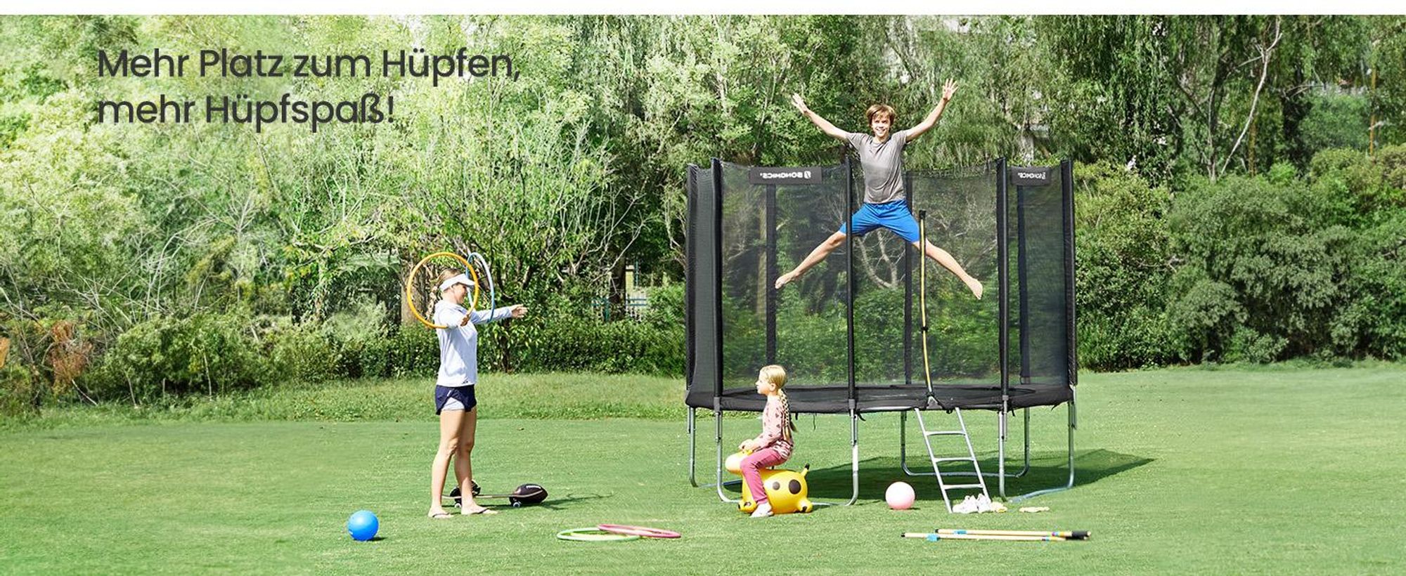 SONGMICS Trampolin 305 cm, Gartentrampolin für Kinder mit Sicherheitsnetz, Randabdeckung, Leiter, schwarz