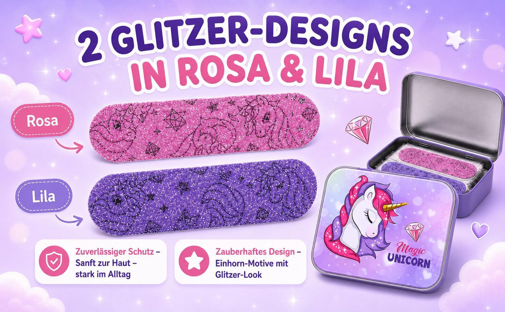 Unicorn Magic Kinderpflaster Lizensiertes Produkt - Metall-Box - 24 Pflaster - Schönes Design Pflaster Aufbewahrungsbox für Kinder - 1 Box