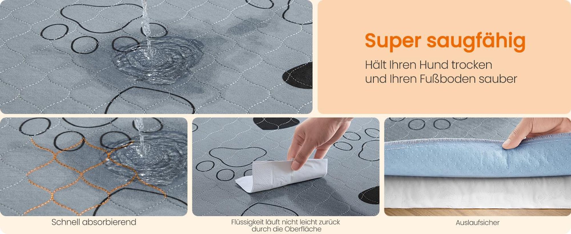 FEANDREA Waschbare Welpenunterlagen 2er Set, Saugfähige und Auslaufsichere Hundematten, 100 x 70 cm, Grau