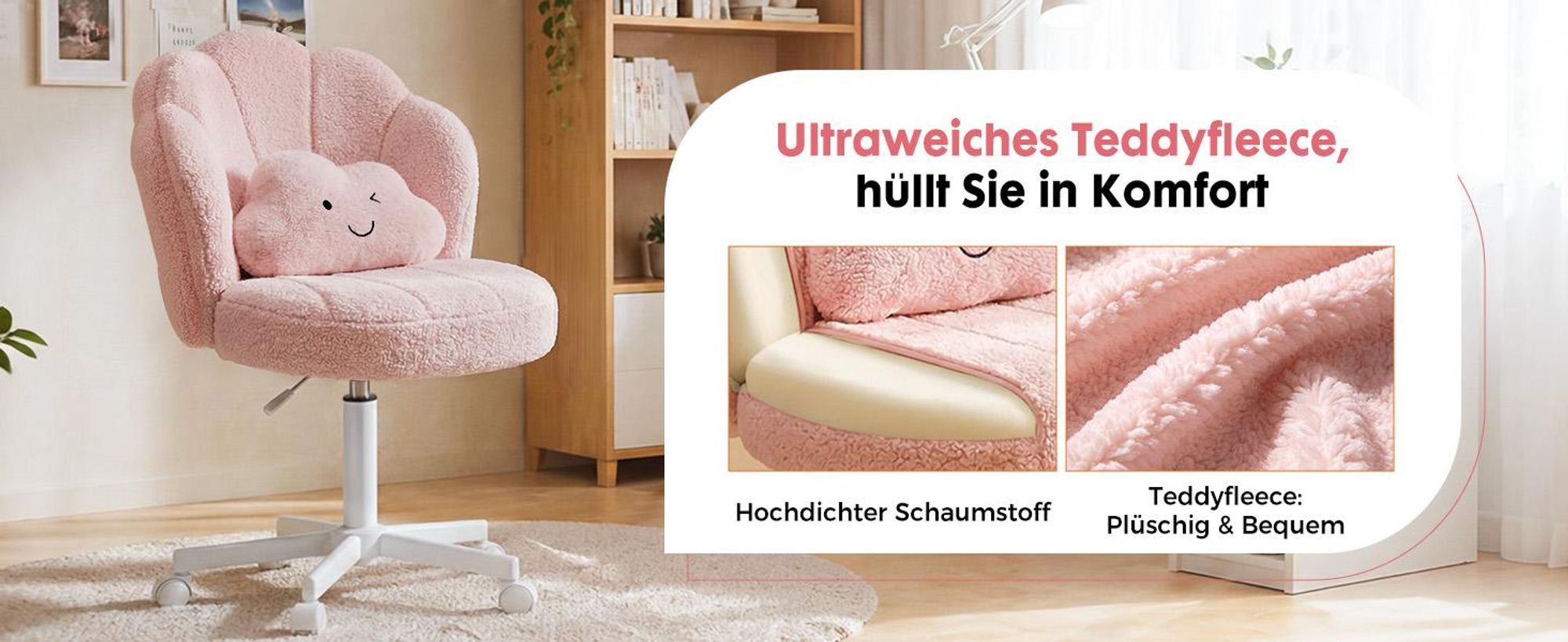 Chaise de bureau COMHOMA, chaise de maquillage à roulettes avec double dossier et coussin en forme de nuage, chaise pivotante réglable en hauteur, tissu Teddy, ROSE