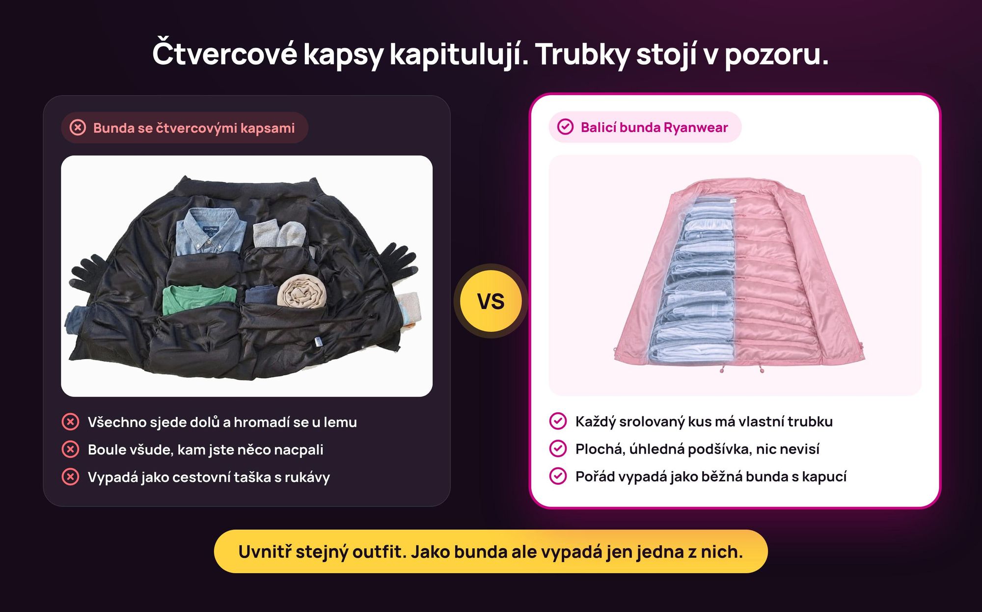 Srovnání: bunda se čtvercovými kapsami vs. Balicí bunda Ryanwear s trubkovitými kapsami