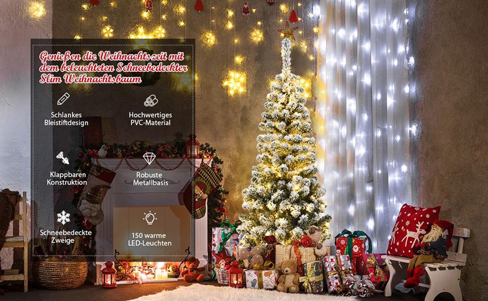 COSTWAY Bleistift Weihnachtsbaum 135cm, künstlicher Tannenbaum 242 PVC Nadeln mit Schnee, Christbaum Kunstbaum mit 150 warmweißen LEDs & Metallständer
