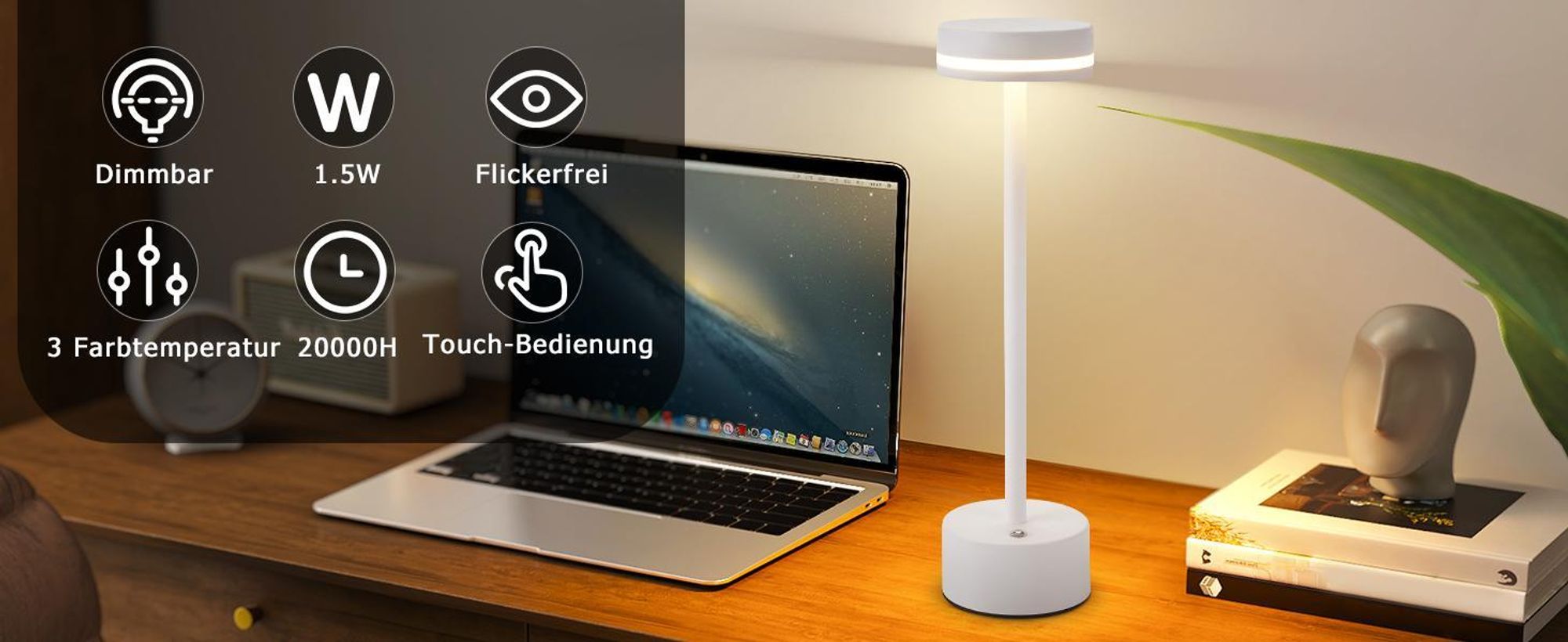 ZMH Tischlampe Kabellos LED Tischleuchte Akku Nachttischlampe Dimmbare mit USB-C Aufladbar Batterie Touch Lampe Weiß Tischlampen für Schlafzimmer Esszimmer Büro