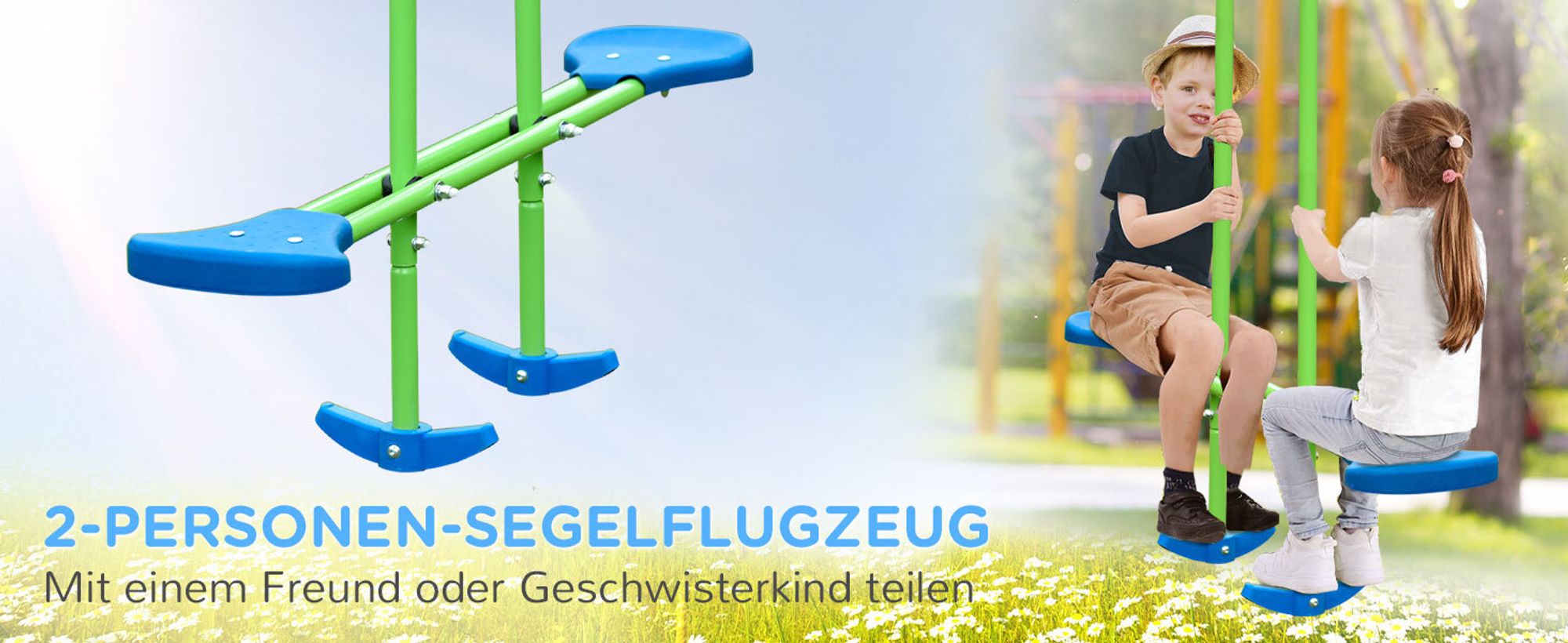 Outsunny Schaukelgestell, Outdoor-Schaukelgerüst mit 2 Schaukeln, 1 Wippe, Grün