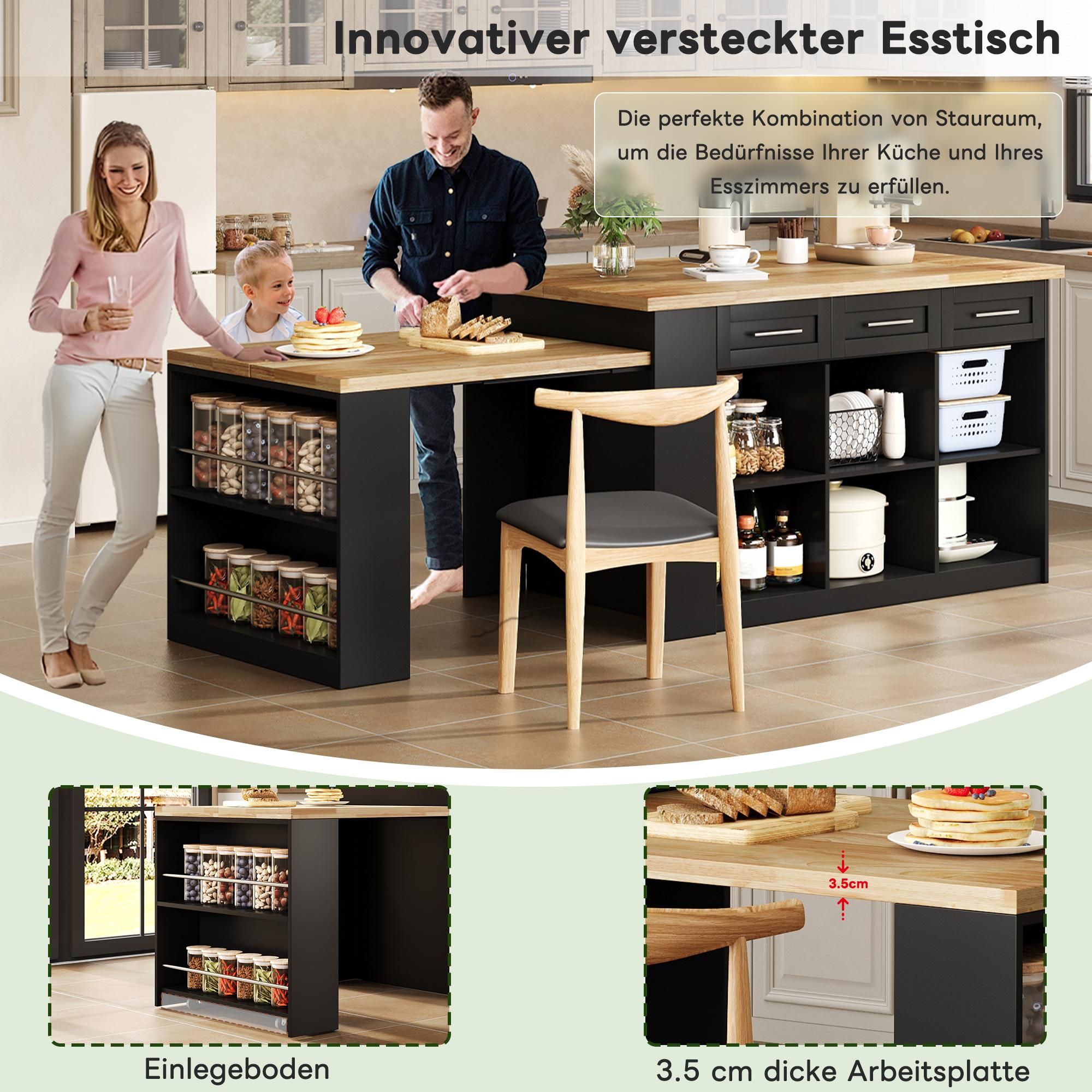 Flieks Kücheninsel mit ausziehbarer Esstisch, Holzarbeitsplatte, Küchenschrank mit viel Stauraum, Naturbelassen