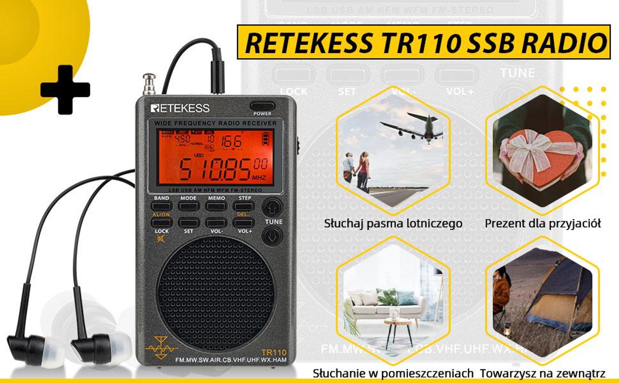 Przenośne radio cyfrowe Retekess TR110, funkcja BBS na falach krótkich, Załóż słuchawki,pasmo lotnicze FM MW na całym świecie, timer uśpienia