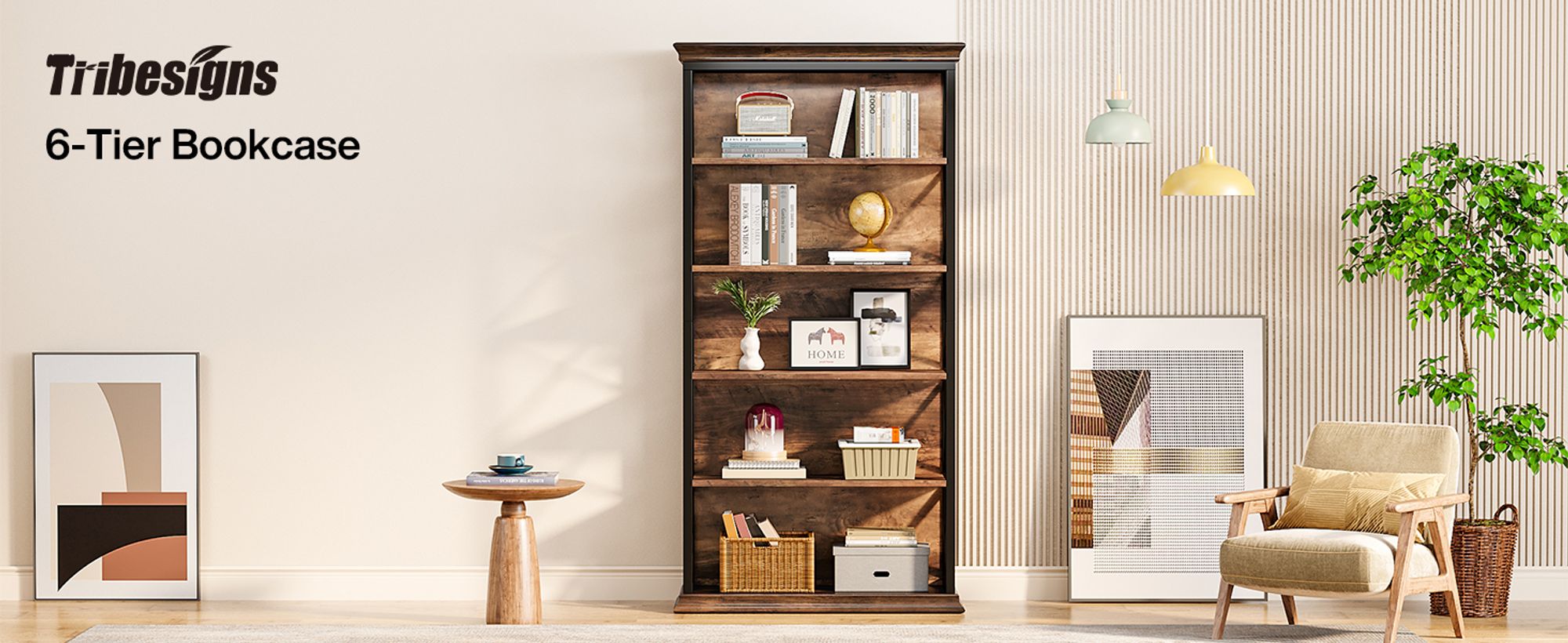 Tribesigns Bücherregal, 180 cm hohes Standregal, 6-stöckiges Bücherregal Holz, offenes Ausstellungsregal mit Metallrahmen für Wohnzimmer, Heimbüro