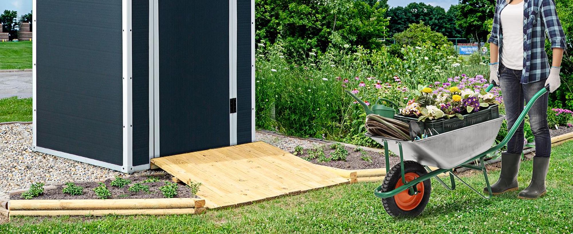 Domek narzędziowy Outsunny z tworzywa sztucznego 1,9 m², 134 x 104 x 204 cm, z drzwiami dwuspadowymi, odporny na warunki atmosferyczne, ogrodowy, szafka, do ogrodu, na zewnątrz, ciemnoszary