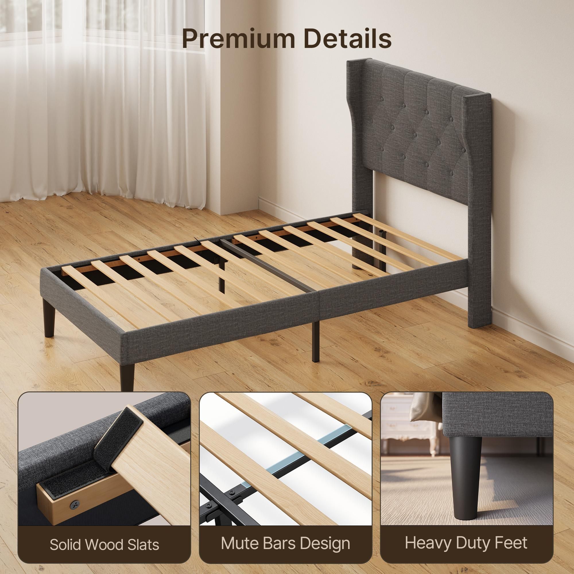 BEALIFE Polsterbett 90x200 cm Einzelbett mit Wingback-Kopfteil & Lattenrost | Modernes Stoffbett in Dunkelgrau/Beige | AF14
