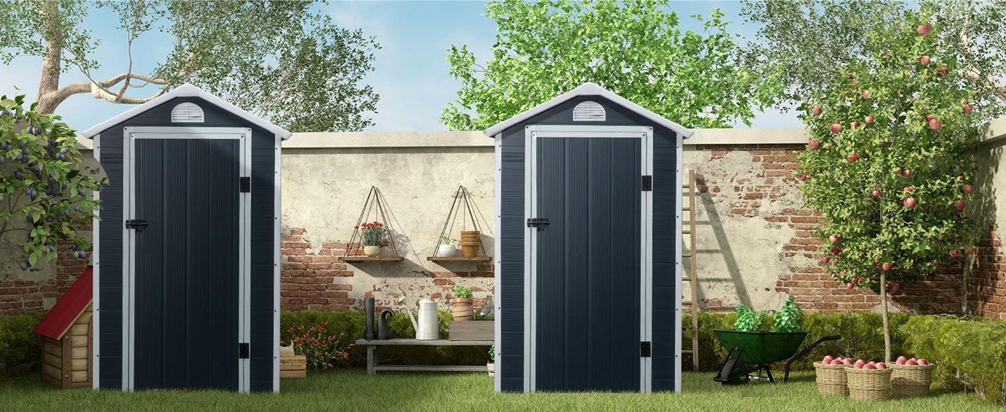 Domek narzędziowy Outsunny z tworzywa sztucznego 1,9 m², 134 x 104 x 204 cm, z drzwiami dwuspadowymi, odporny na warunki atmosferyczne, ogrodowy, szafka, do ogrodu, na zewnątrz, ciemnoszary