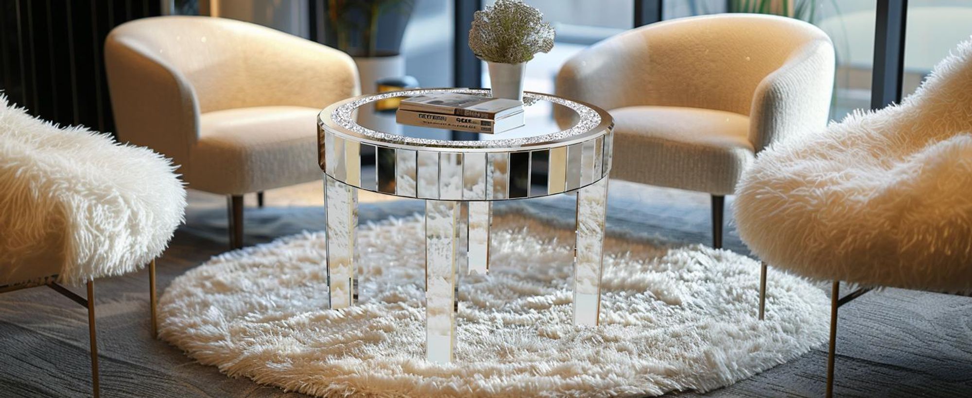 WISFOR Couchtisch verspiegelt, Beistelltisch rund mit Diamantoptik, Silber, Ø60 x H50 cm