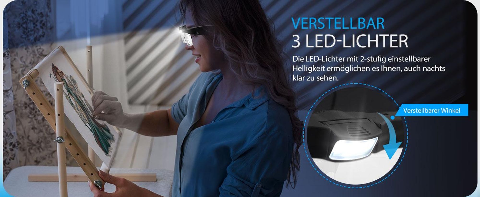 Lupenbrille mit Licht, LED Kopflupe, Kopfbandlupe, Stirnlupe, Brillenlupe, 5 Linsen 0.75-1.25-2-3-4X, für Reparatur Juweliere Nähen Handwerk