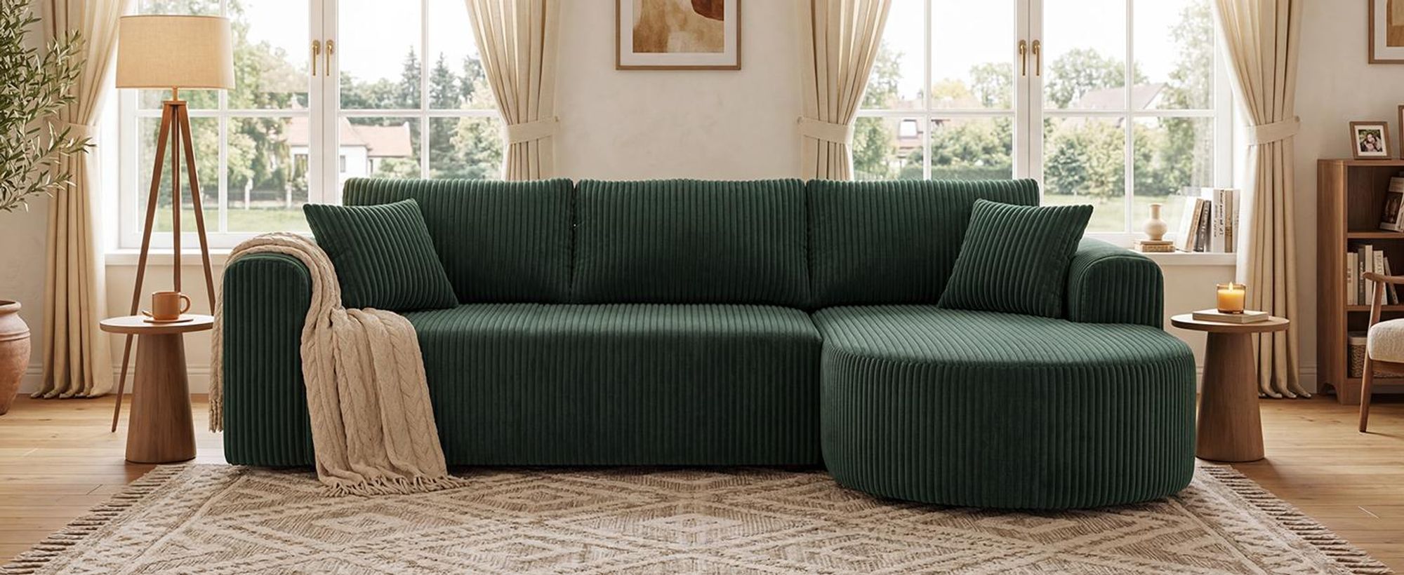 Divano angolare con funzione letto, divano modulare in velluto senza braccioli, divano con chaise longue, divano a forma di L con funzione letto, divani componibili con cuscini e tasche laterali, lunghezza 243 cm