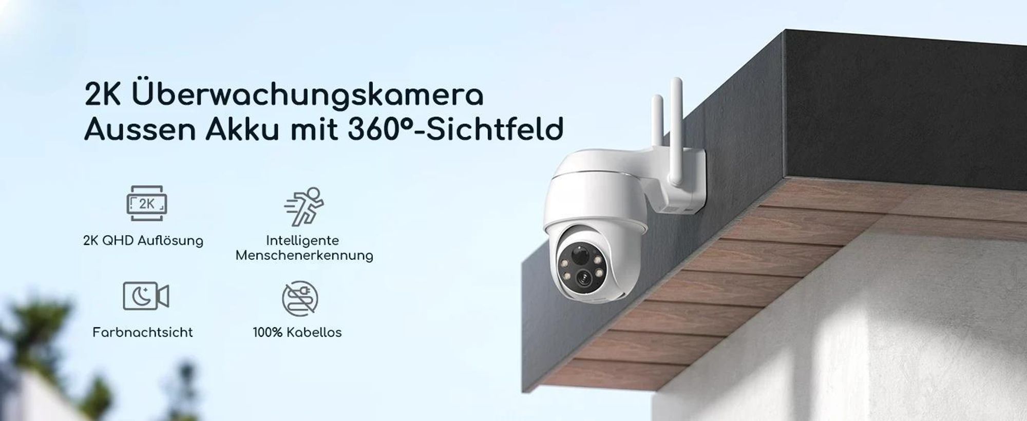2K Überwachungskamera Aussen Akku, 355° und 90° Schwenkbar, WLAN IP Kamera Outdoor mit Farbnachtsicht Personen/Bewegungserkennung, IP66, wit64GB