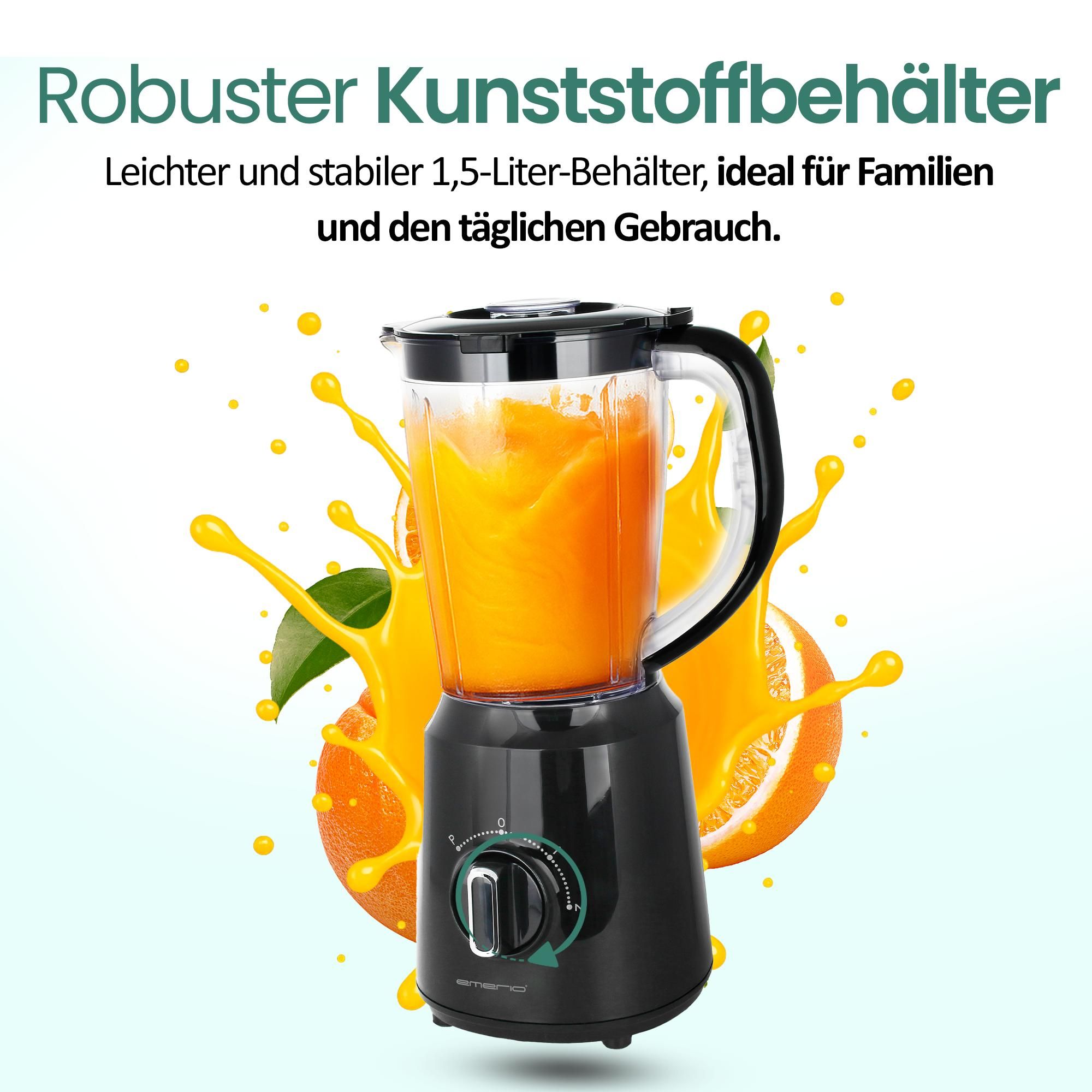 Emerio Blender 1,5 L – Smoothie-Maker mit 2 Geschwindigkeiten – Edelstahlmesser & spülmaschinengeeignet – 500 W – Blender-to-Go BL-124816.8 – Schwarz