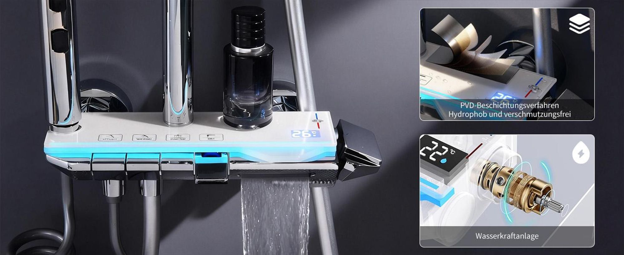 Homelody Duschsystem Messing Chrom, 4 Wasserausgabe Modi, Duscharmatur Komplettset, Duschset Digitale Temperaturanzeige mit Atmosphärenlicht