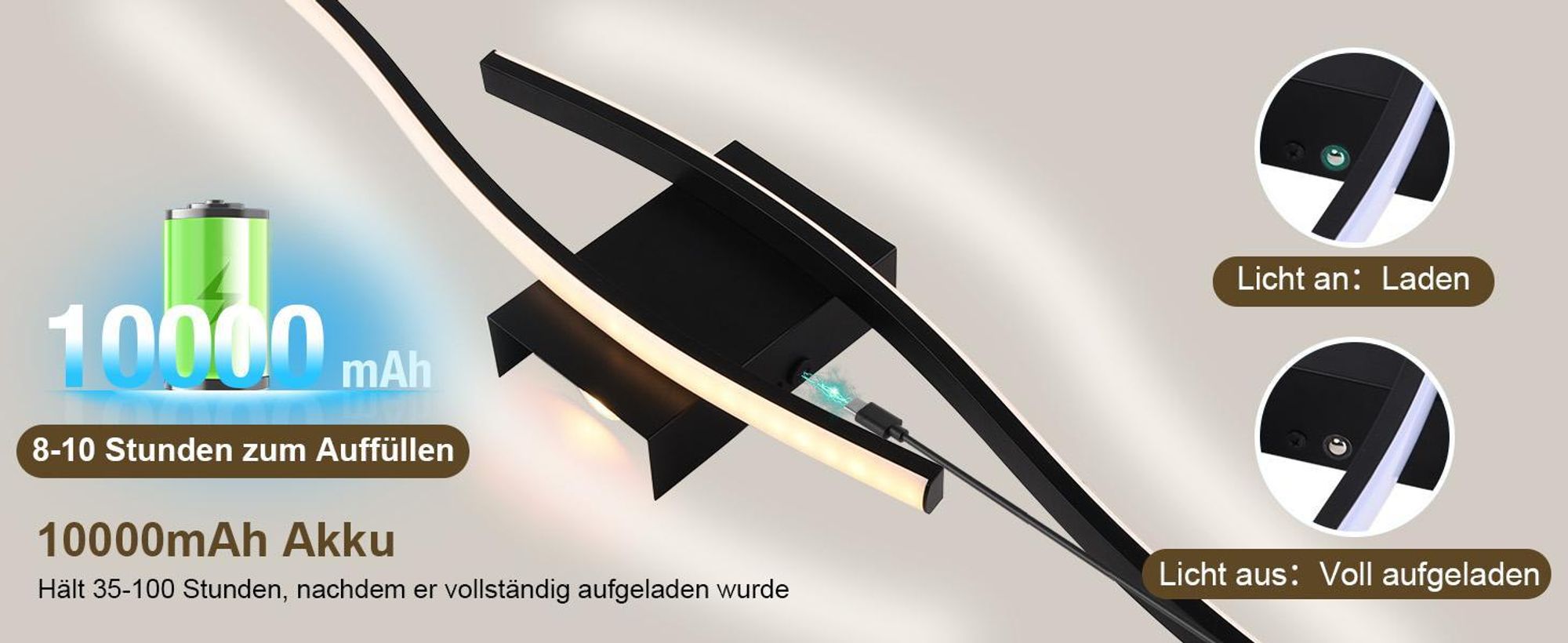 LED Wandleuchte Innen Modern Dimmbar 3 Farbtemperaturen Wiederaufladbar Wandlampe mit Fernbedienung