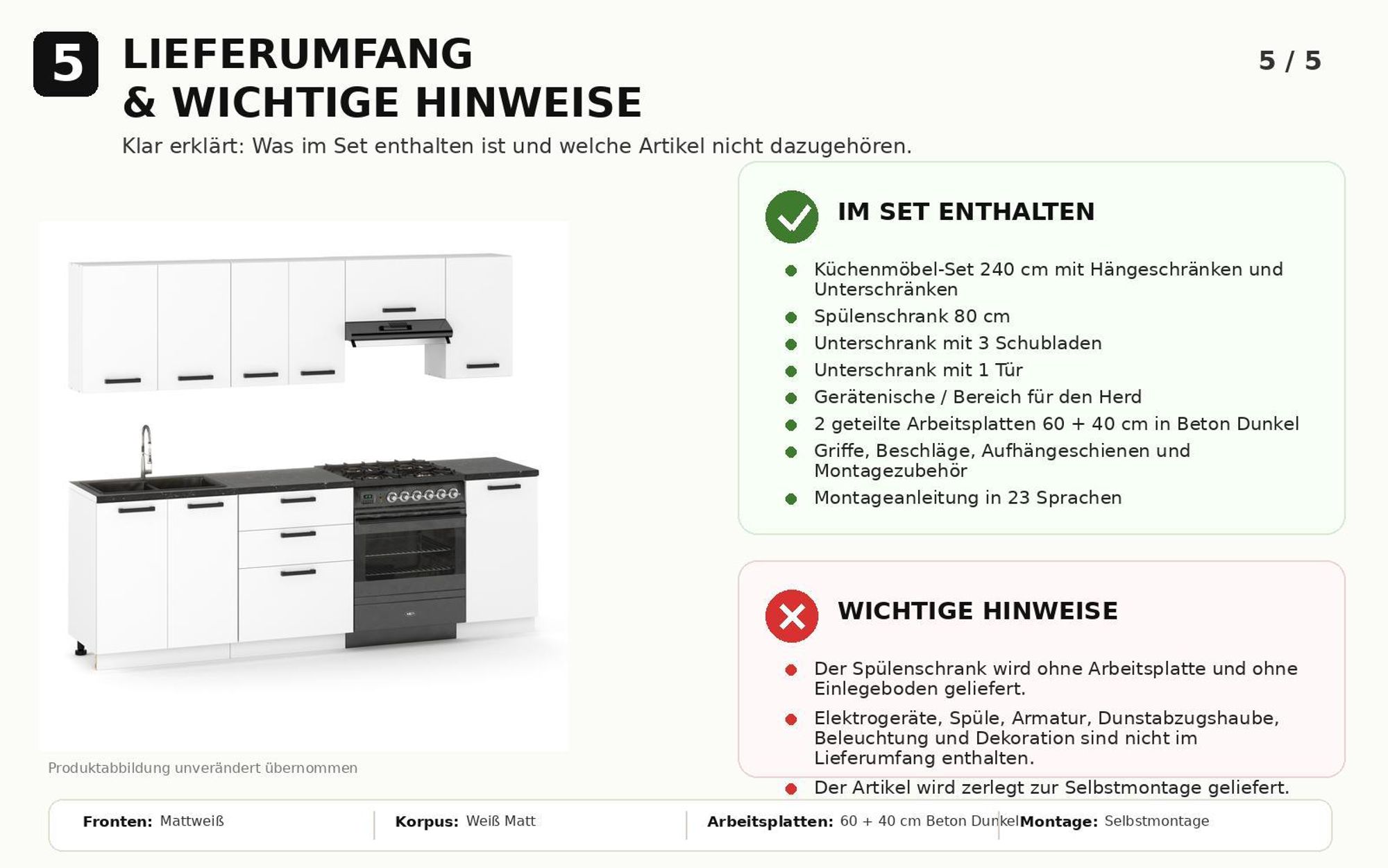 Lieferumfang der 240 cm Küchenzeile mit enthaltenen Schränken und wichtigen Montagehinweisen.