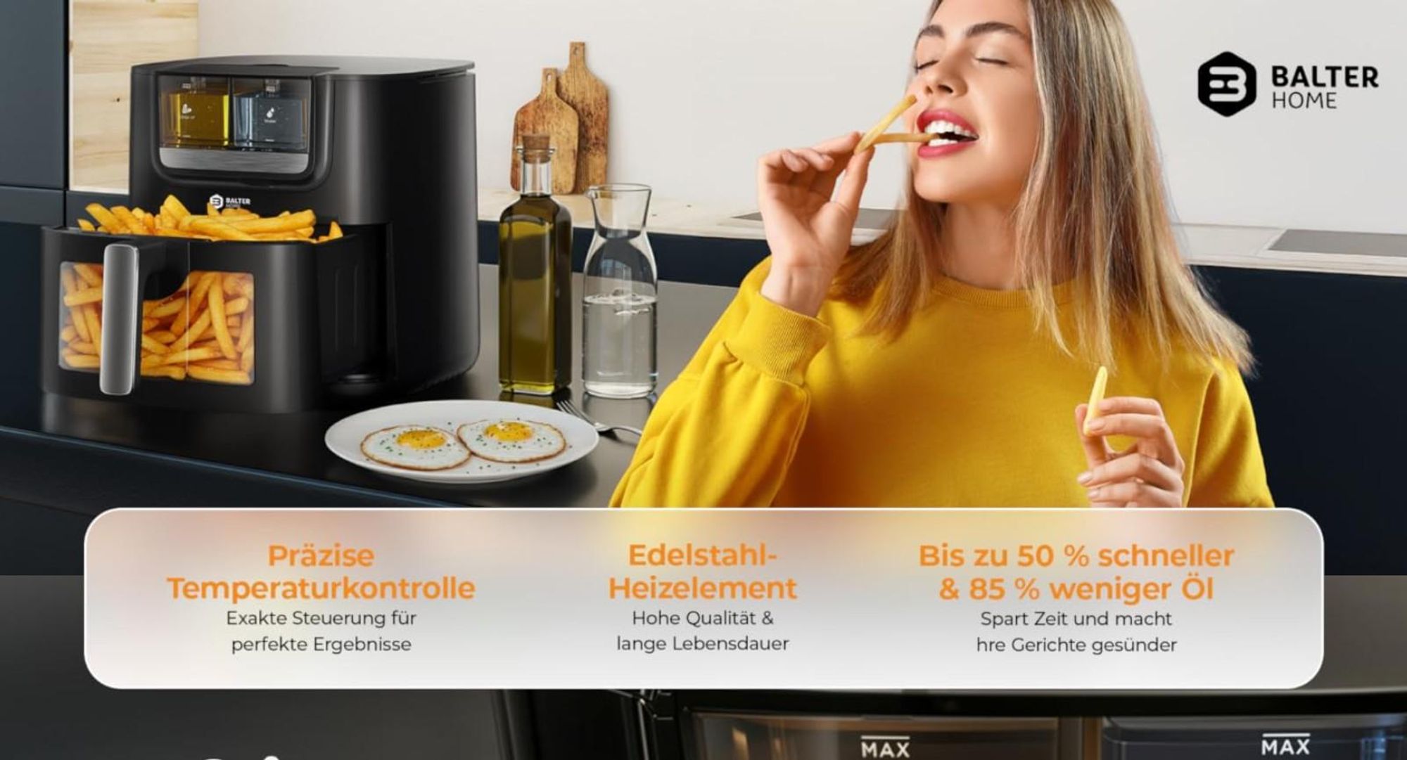 Balter Heißluftfritteuse 7,2L mit Sichtfenster, 1800W, Öl- & Wasser-Spray, Airfryer, 10 Programme, Touchbedienung, 100 Rezepte, Edelstahl, Schwarz