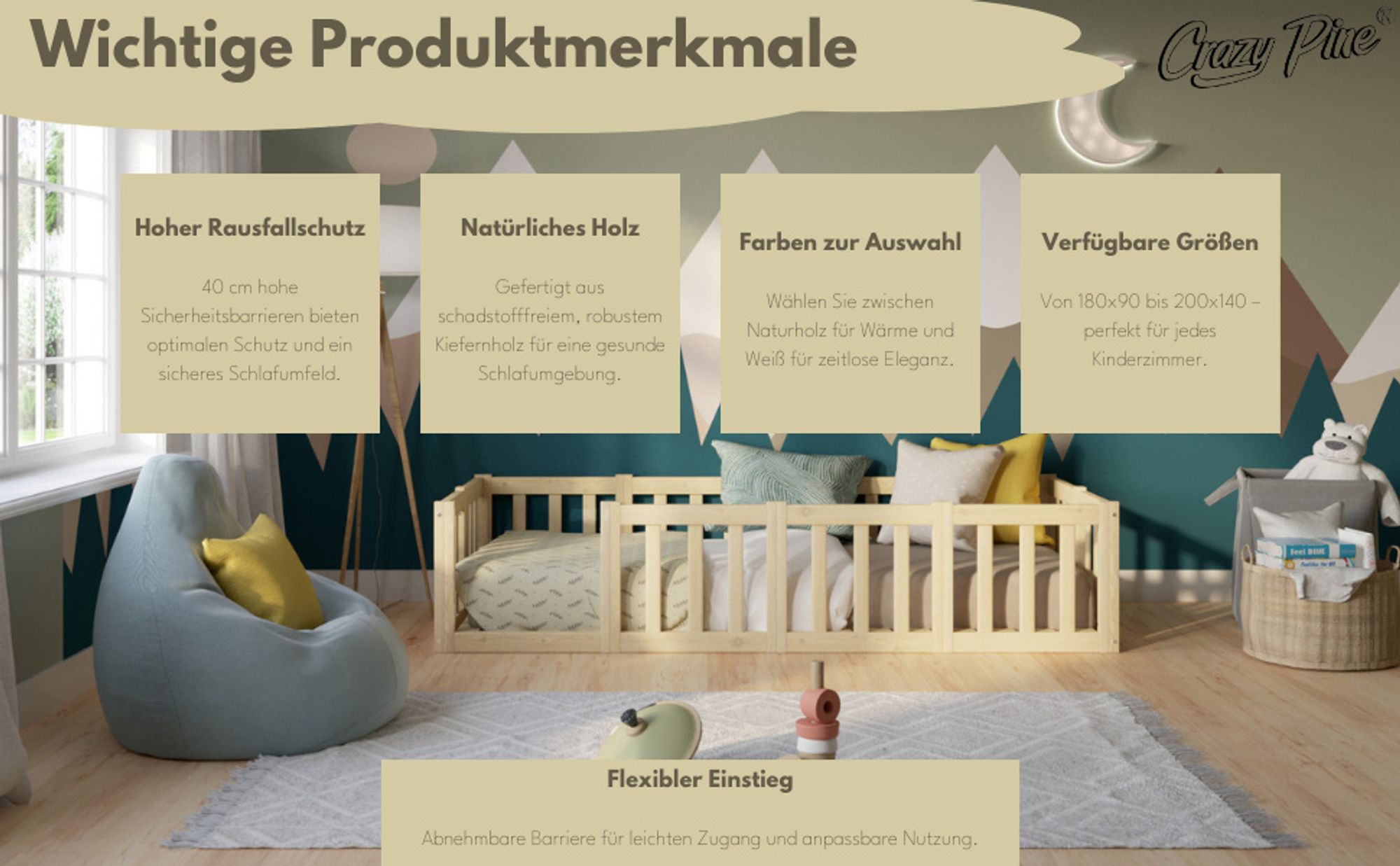 Crazy Pine Kinderbett 90x190 cm – Natürlichem Holz - Montessori Bodenbett mit Rausfallschutz 40cm und Öffnbarer Barriere - Crazy Johnny
