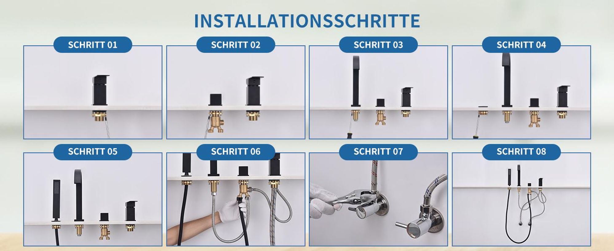 Homelody Badewannenarmatur 4 Loch Schwarz, Badewanne wasserhahn Duschset mit Armatur Handbrause Wasserfall Wannenarmatur
