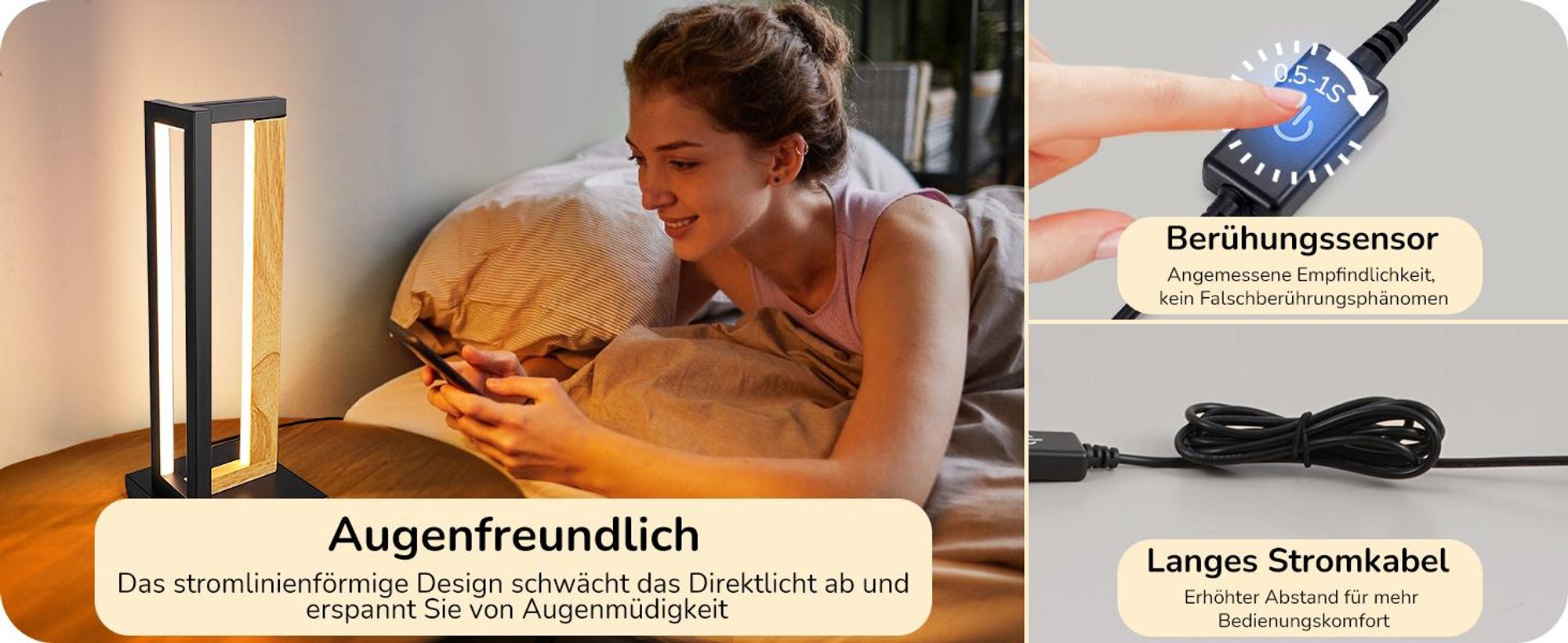 EDISHINE Nachttischlampe Touch Dimmbar, Moderne Tischlampe mit 3 Farbtemperaturen und Memory-Funktion, Metall & Holz Design,35cm