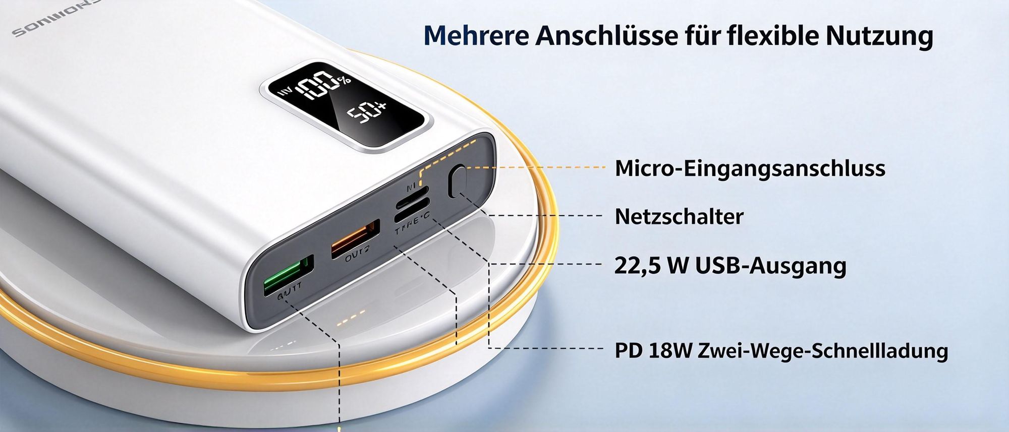 Juksun Powerbank 50000mAh 22.5W Schnellladegerät weiß Tragbares Ladegerät mit USB-C und USB-A für Outdoor und Reisen