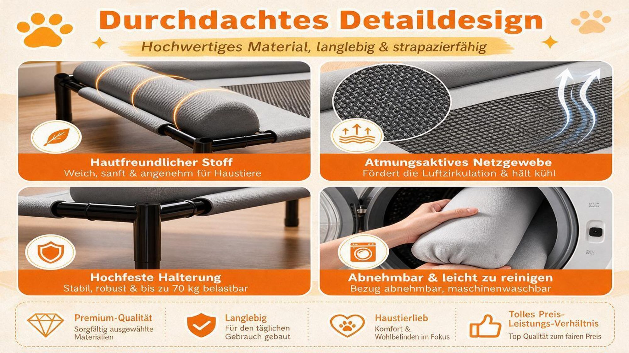 Ganzjahres Hundeliege, Erhöhtes Hundebett mit L-förmigem Nackenkissen 66×45×17 cm – Hunde Outdoor Bett, Hundesofas, Waschbar & Atmungsaktiv, Grau, XL