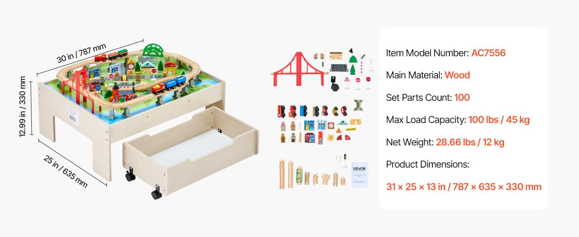 VEVOR Zugtisch, 120 mehrfarbige Holzstücke, Aktivitätstisch für Kinder mit zusammenklappbarem Aufbewahrungsbehälter, 3-in-1 Holz-Zugset zum Spielen, Zeichnen, Lesen, Essen, kreatives Spielzeugset für Kinder ab 3 Jahren, 31x25x13 Zoll