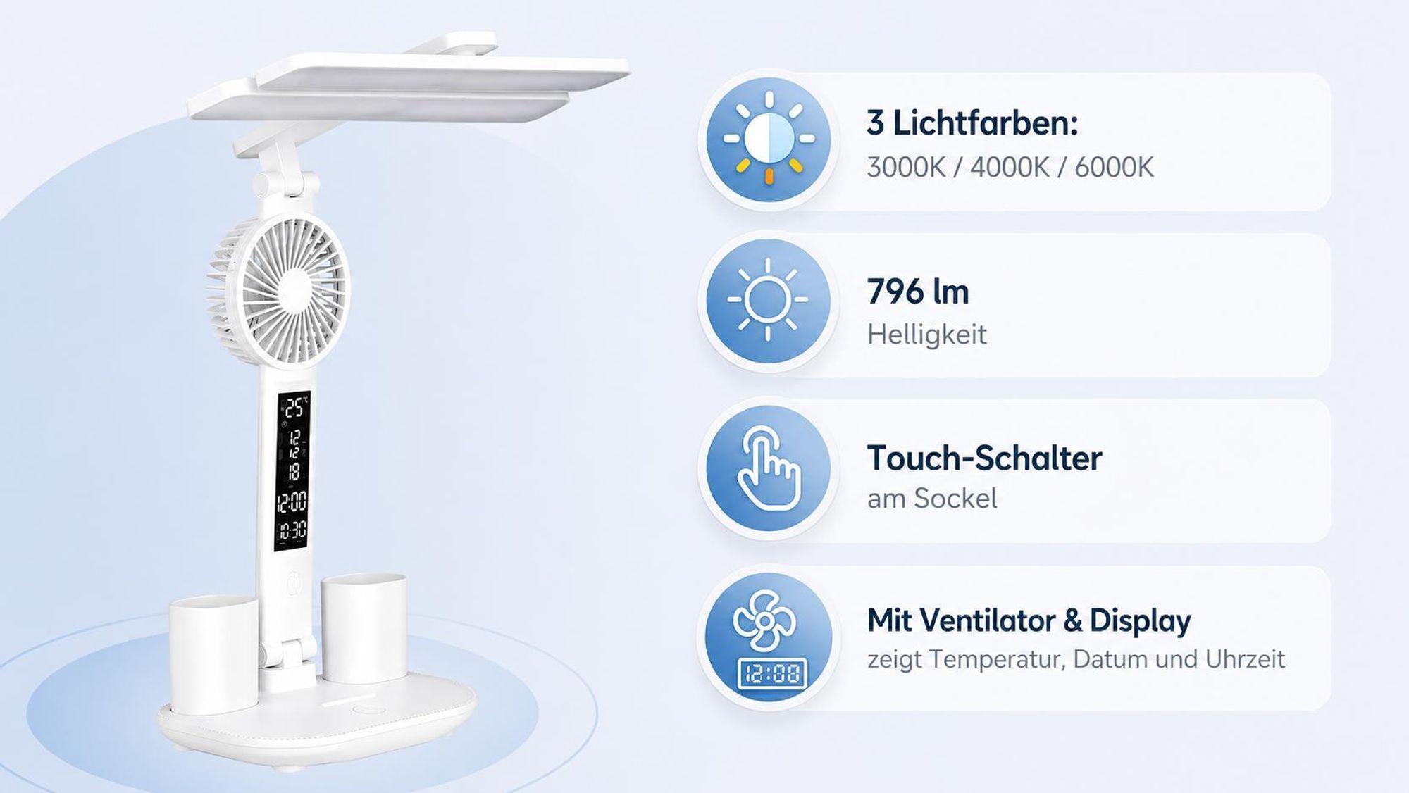 MasterLED Schreibtischlampe Summer LED 3000-6000K CCT Weiß – Dimmbare Tischlampe mit Touch-Steuerung, USB-C, und integriertem Lüfter - Büro, Lesen