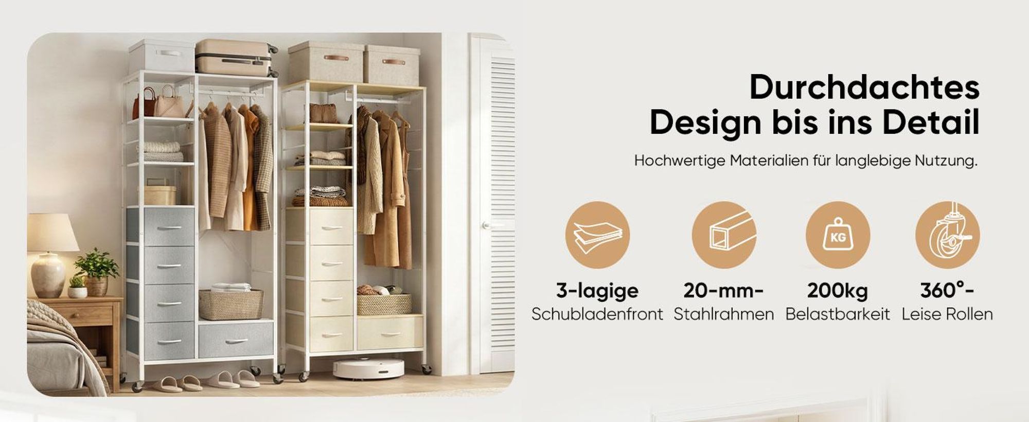 HOKEEPER Kleiderständer auf Rollen, fahrbarer Kleiderständer mit Schubladen, Kleiderstange, Jackenständer, Haken, offener Kleiderschrank, Beige