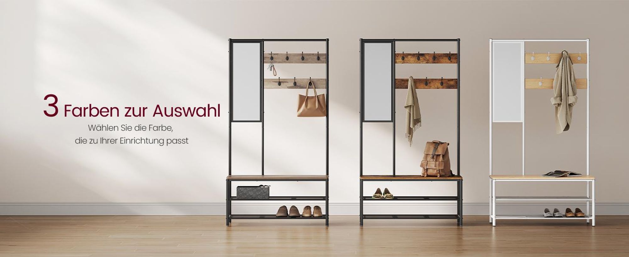 VASAGLE Kleiderständer, Garderobe, Garderobenständer mit Haken, Spiegel, Sitzbank, 35 x 98 x 180 cm, für Eingangsbereich, Schlafzimmer, Wohnzimmer, Industrie-Design, Eichenfarben-Weiß HSR415W01