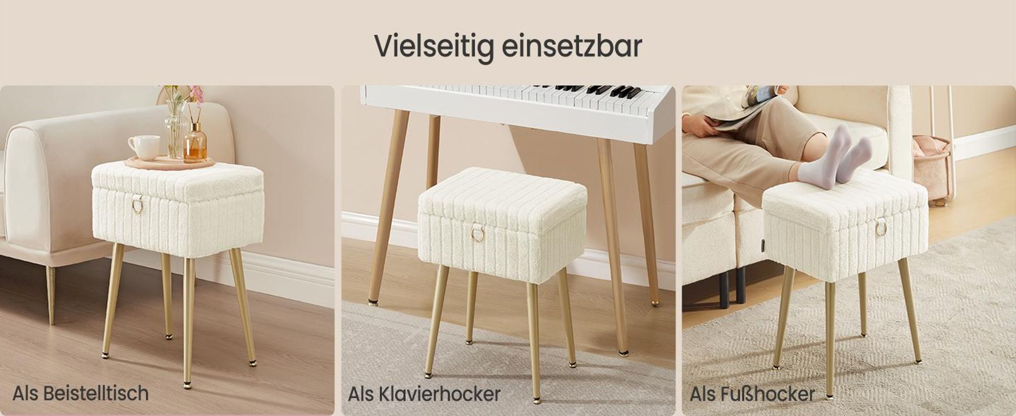 SONGMICS Schminktisch-Stuhl, Hocker mit Stauraum, Schminkhocker, Fußhocker, Metallbeine, gepolstert, verstellbare Füße